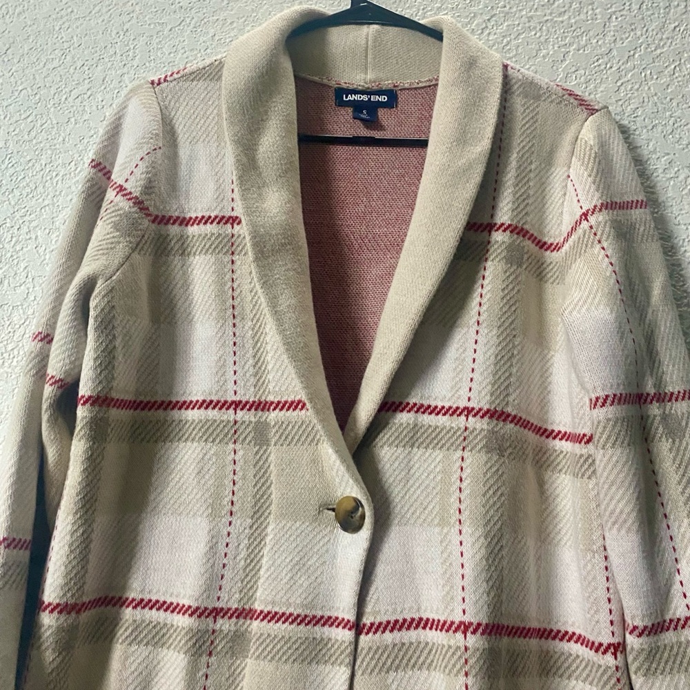 Lands' End Women's Checkered Cardigan - Beige and Red - Picture 3 of 9